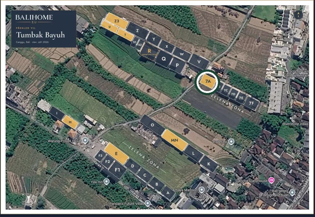 Mapa areálu Vily Bayu; zvýrazněná parcela 7A