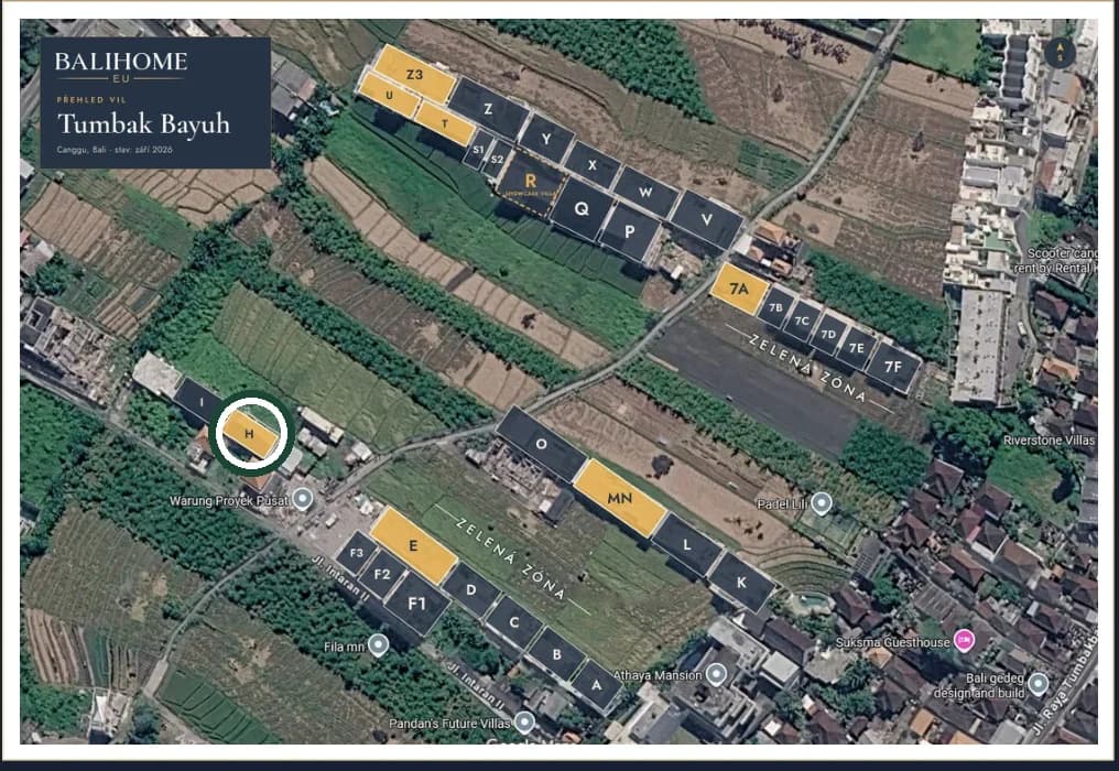 Mapa areálu Vily Bayu; zvýrazněná parcela H