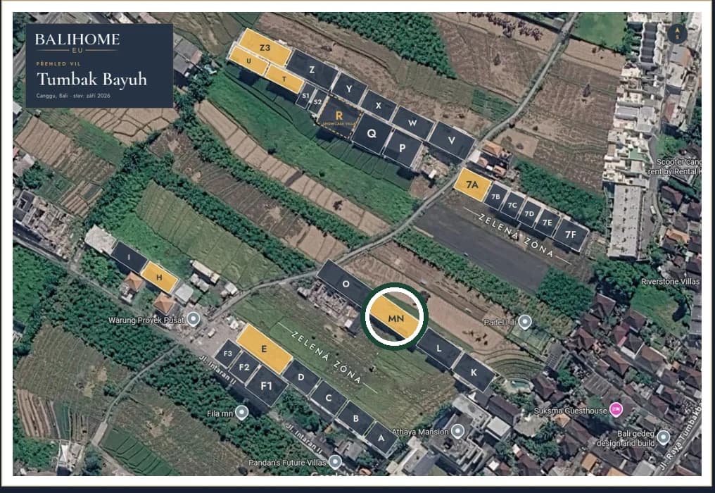 Mapa areálu Vily Bayu; zvýrazněná parcela MN