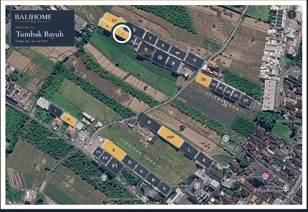 Mapa areálu Vily Bayu; zvýrazněná parcela T