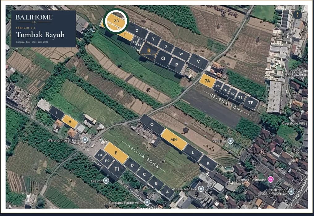 Mapa areálu Vily Bayu; zvýrazněná parcela Z3