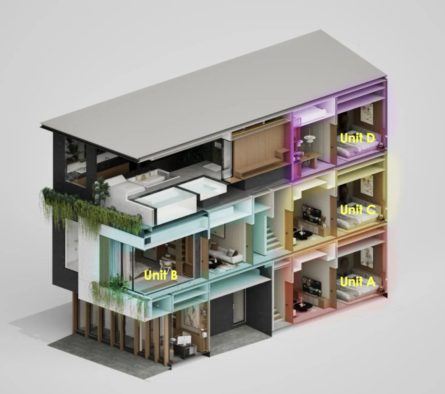Uma House · Vizualizace · Řez domem · 1